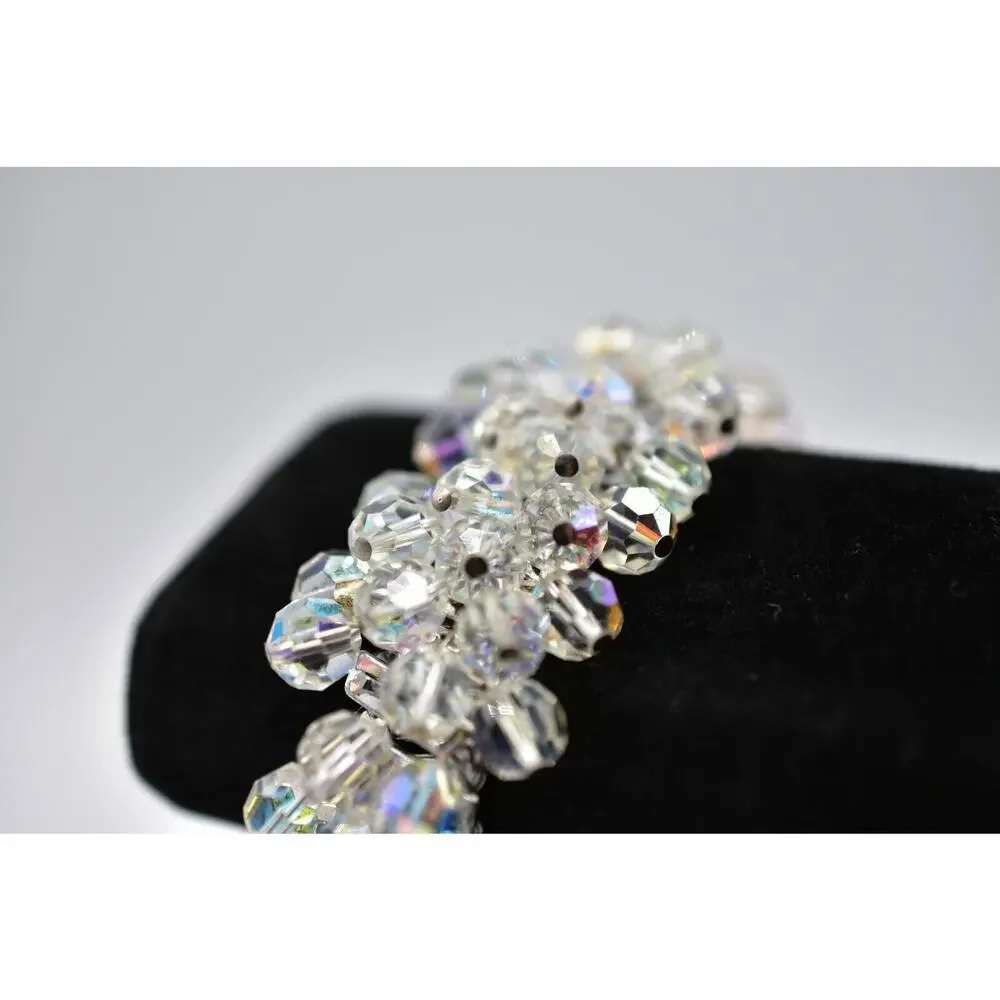Japan Vintage Crystal Beaded Cluster Bracelet Dangle Aurora Borealis 1960s Bin2